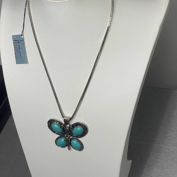 faux turquoise blue necklace butterfly pendant burnished silver tone trendy boho - Picture 5 of 9